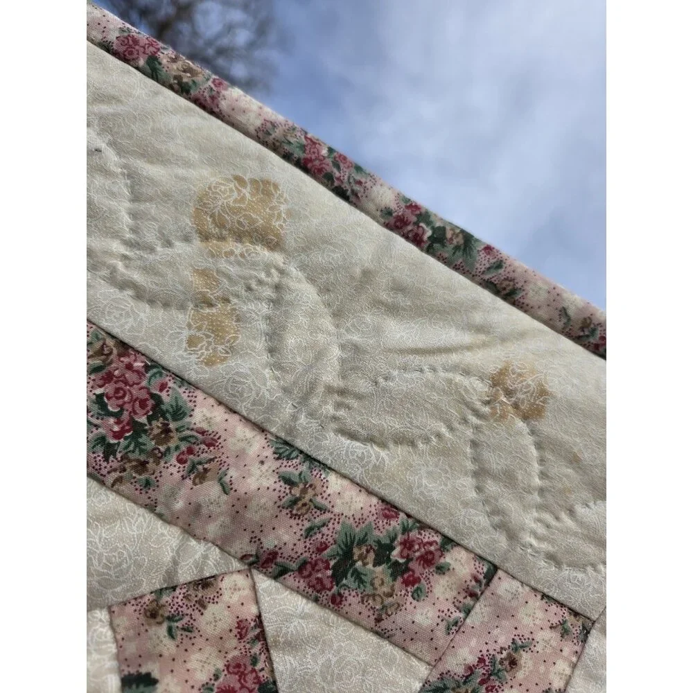 Handmade Floral Print Cotton Hand Quilted Lap Throw Coverlet Baby Quilt Rosettes